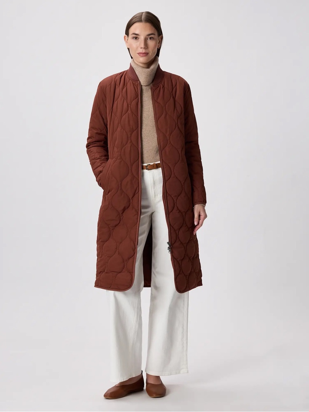 Quilted Long Coat in Rust Brown